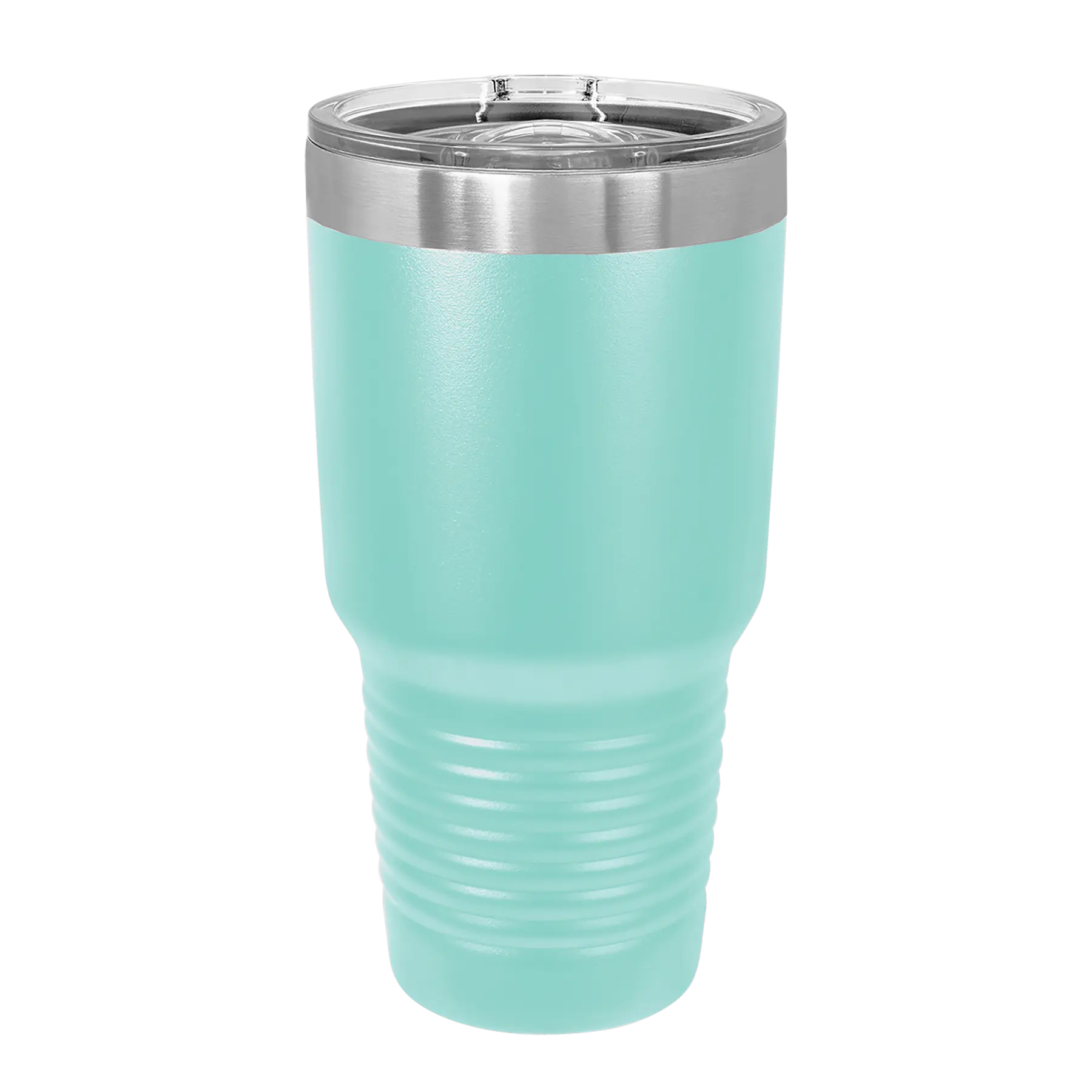Back of teal Polar Camel 30 oz vacuum insulated tumbler with sliding lid