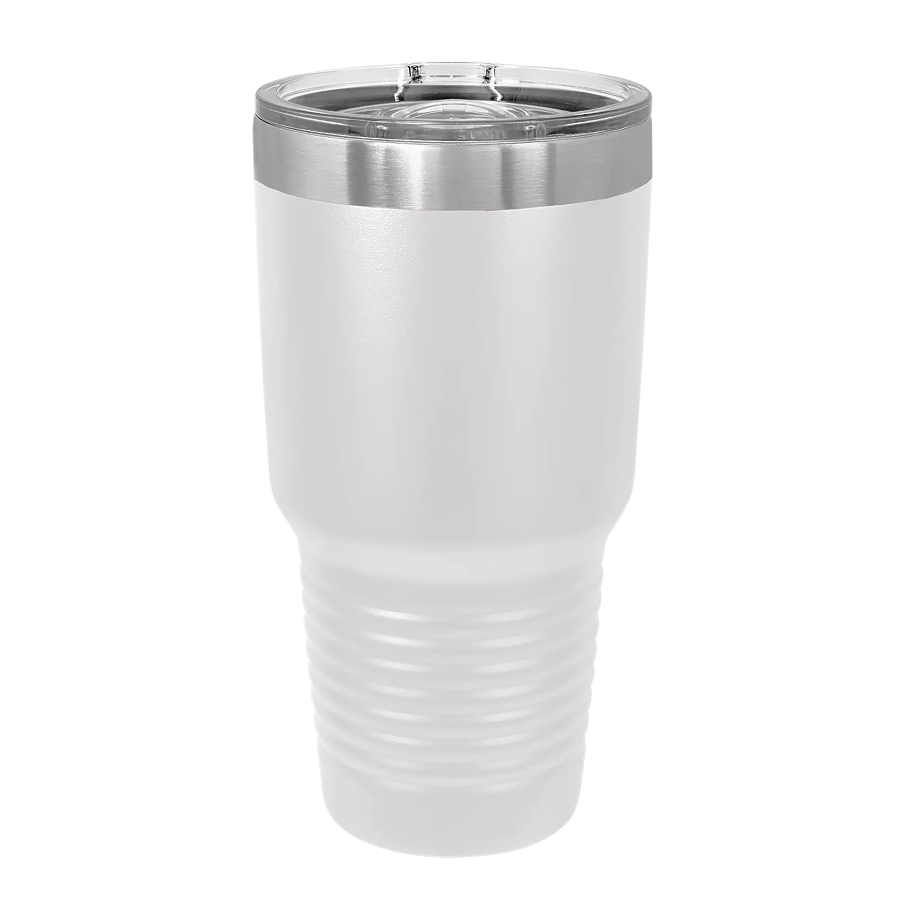 Back of white Polar Camel 30 oz vacuum insulated tumbler with sliding lid