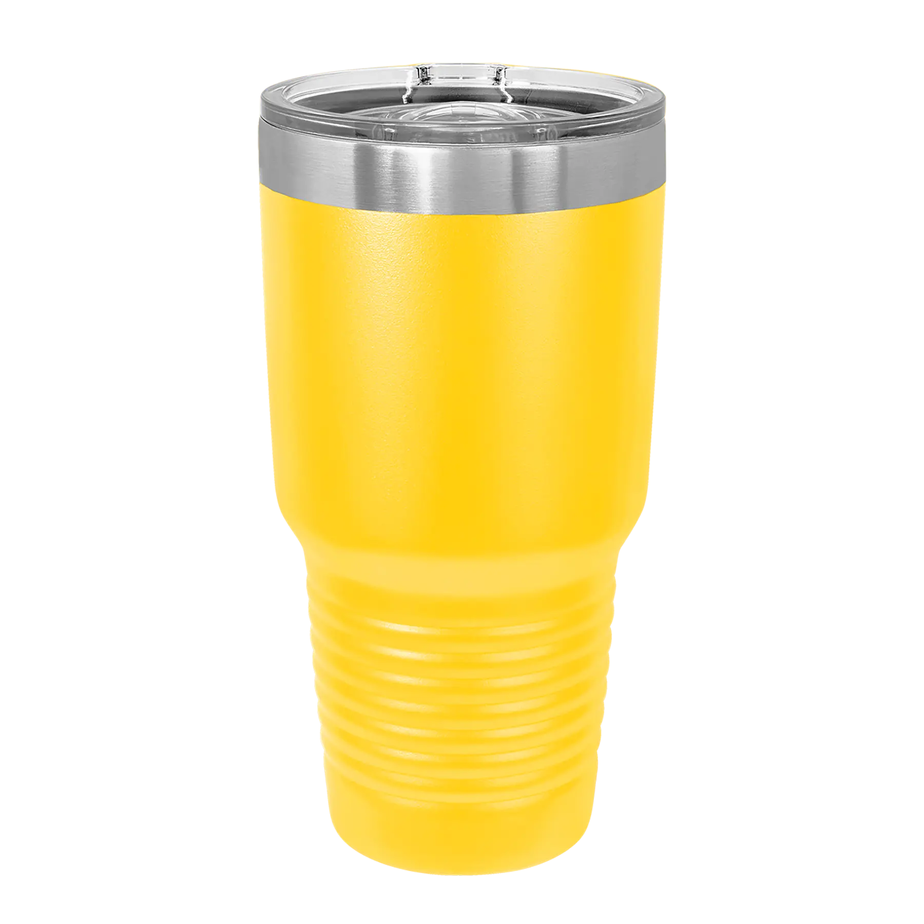 Back of yellow Polar Camel 30 oz vacuum insulated tumbler with sliding lid