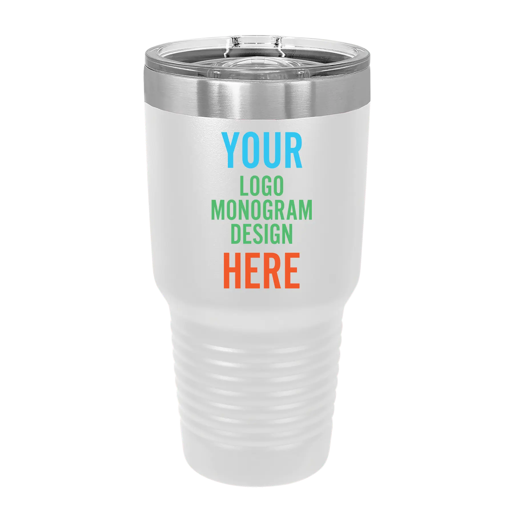 Personalized white Polar Camel 30 oz vacuum insulated tumbler with custom full color printed logo, monogram, or design, includes sliding lid