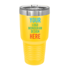 Personalized yellow Polar Camel 30 oz vacuum insulated tumbler with custom full color printed logo, monogram, or design, includes sliding lid