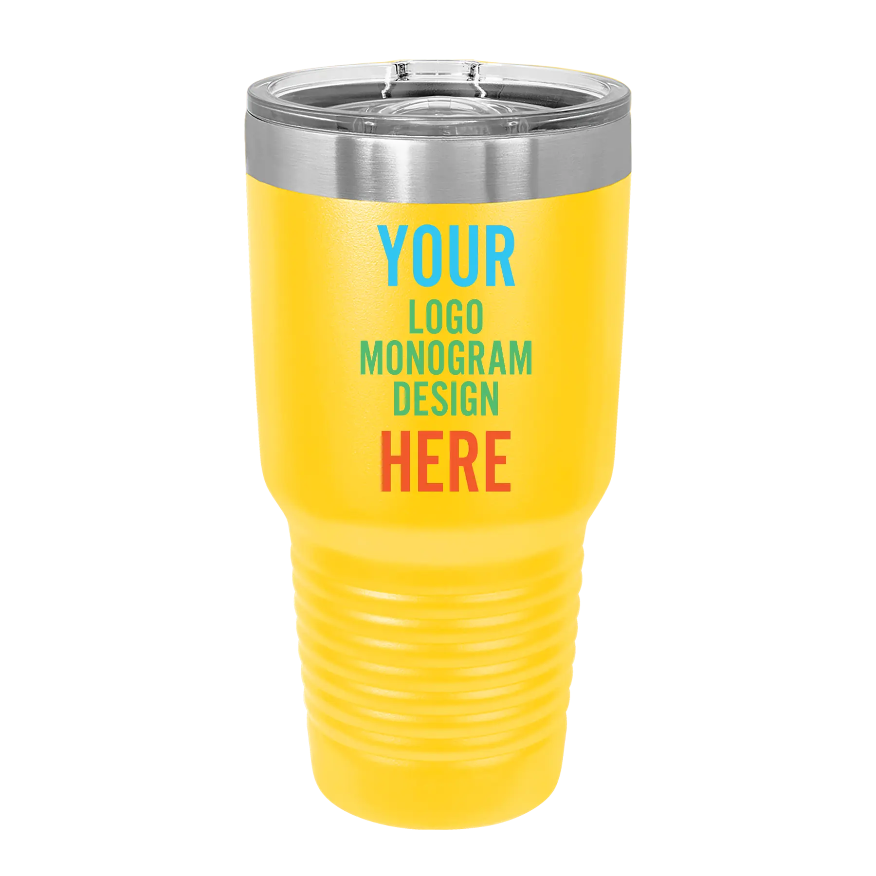 Personalized yellow Polar Camel 30 oz vacuum insulated tumbler with custom full color printed logo, monogram, or design, includes sliding lid