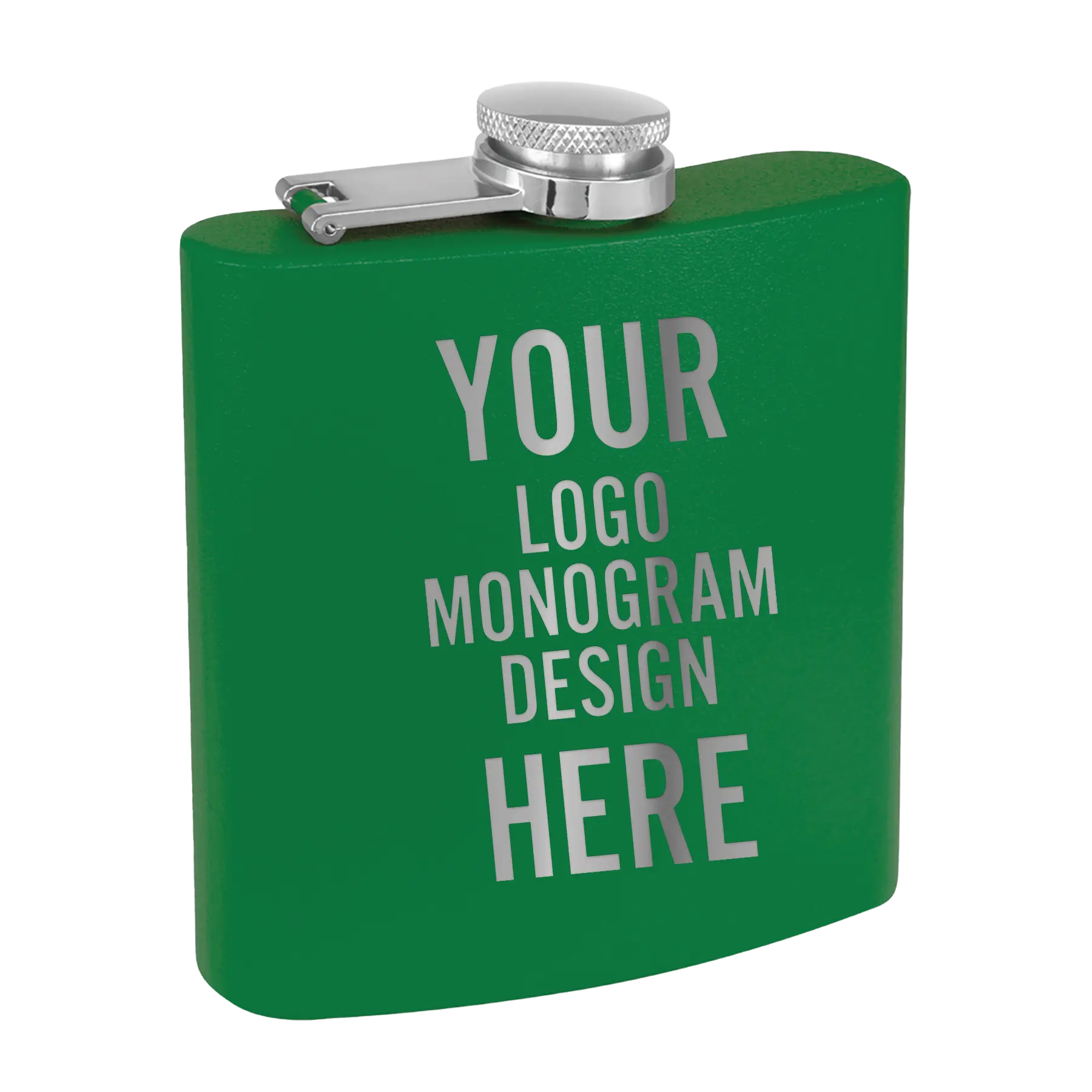 Personalized green Polar Camel 6 oz hip flask with custom laser etched logo, monogram, or design