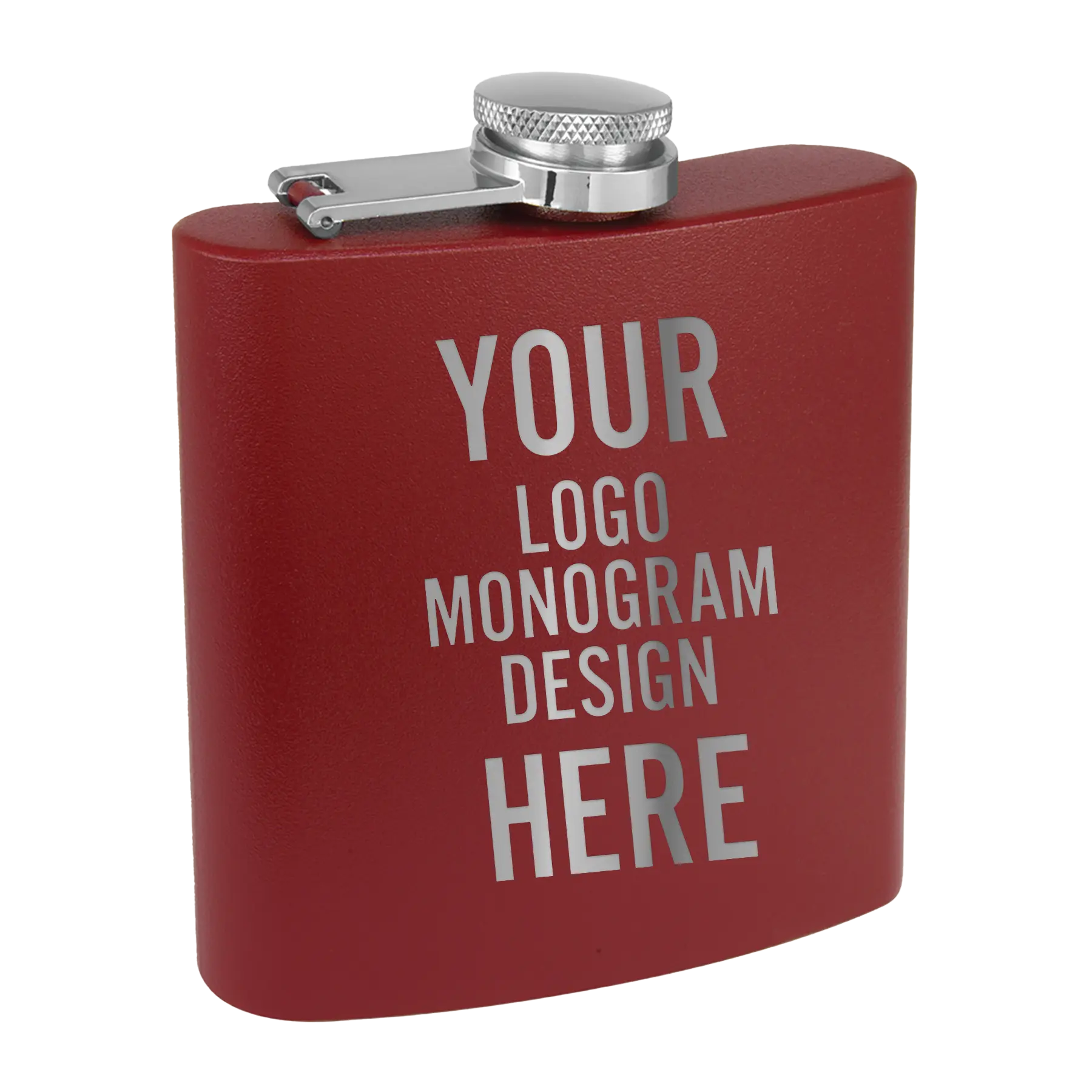 Personalized maroon Polar Camel 6 oz hip flask with custom laser etched logo, monogram, or design