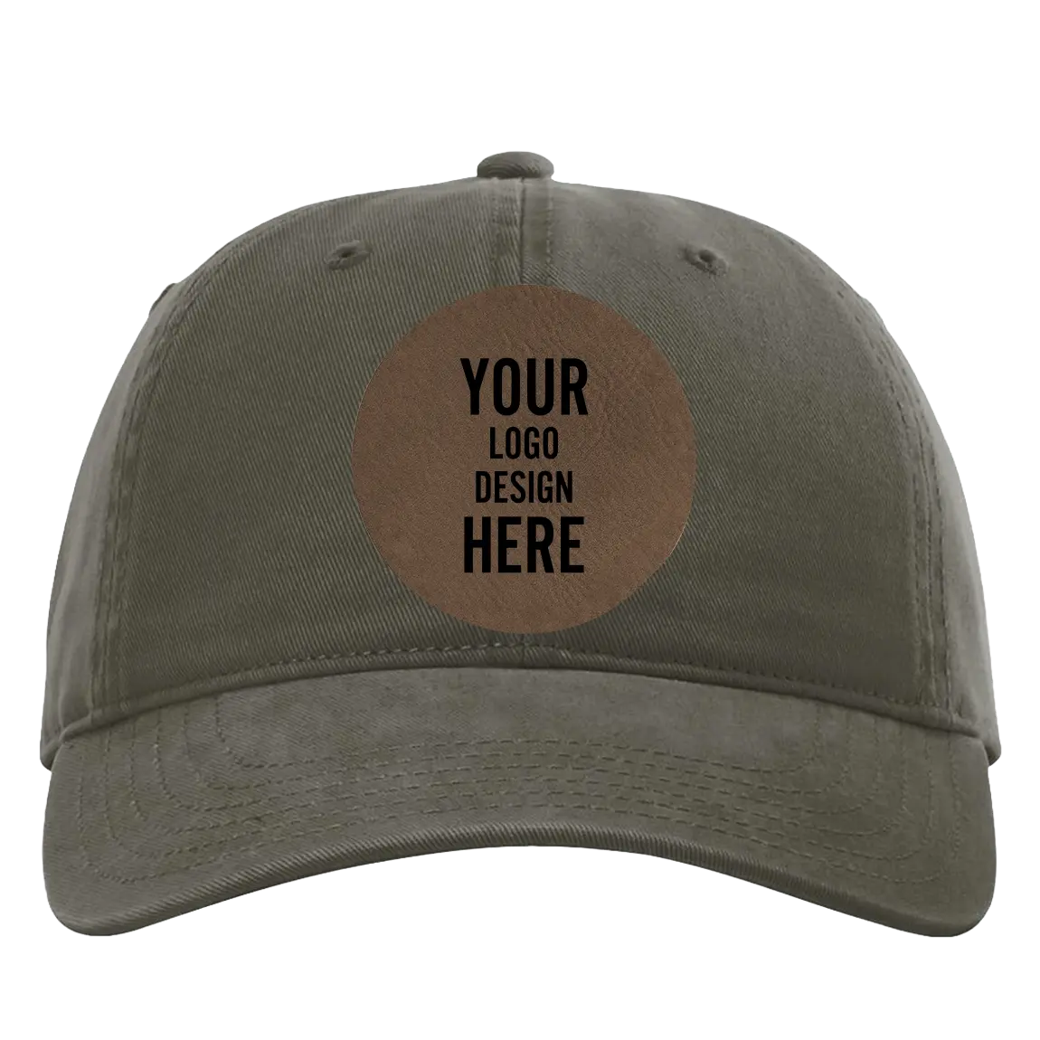 Custom army green Richardson 326 Cotton Twill Hat with laser etched circle leatherette patch