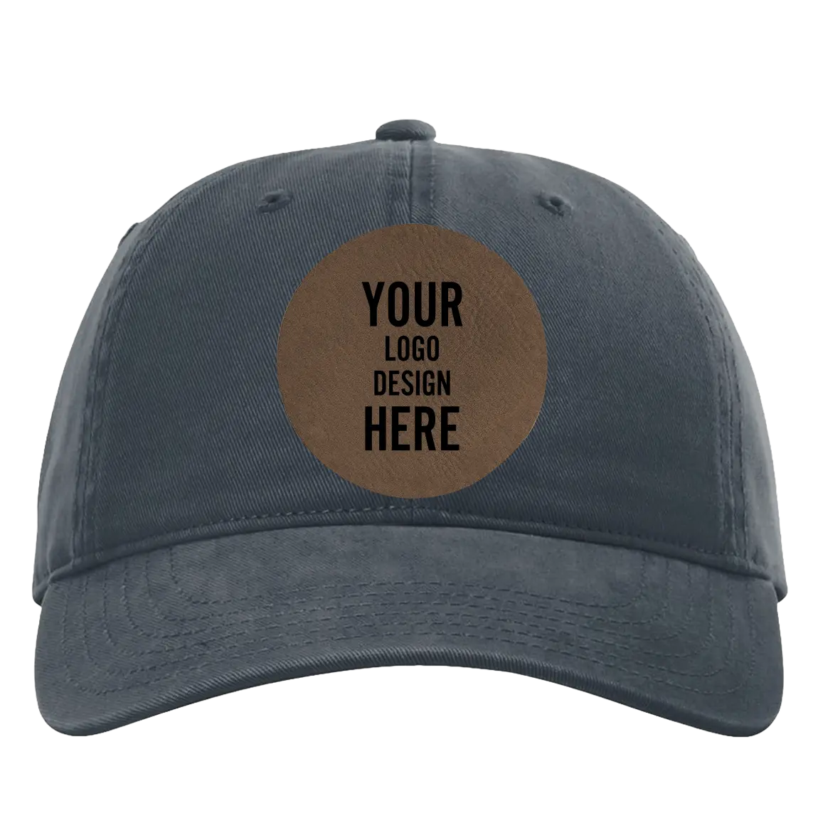 Custom navy Richardson 326 Cotton Twill Hat with laser etched circle leatherette patch
