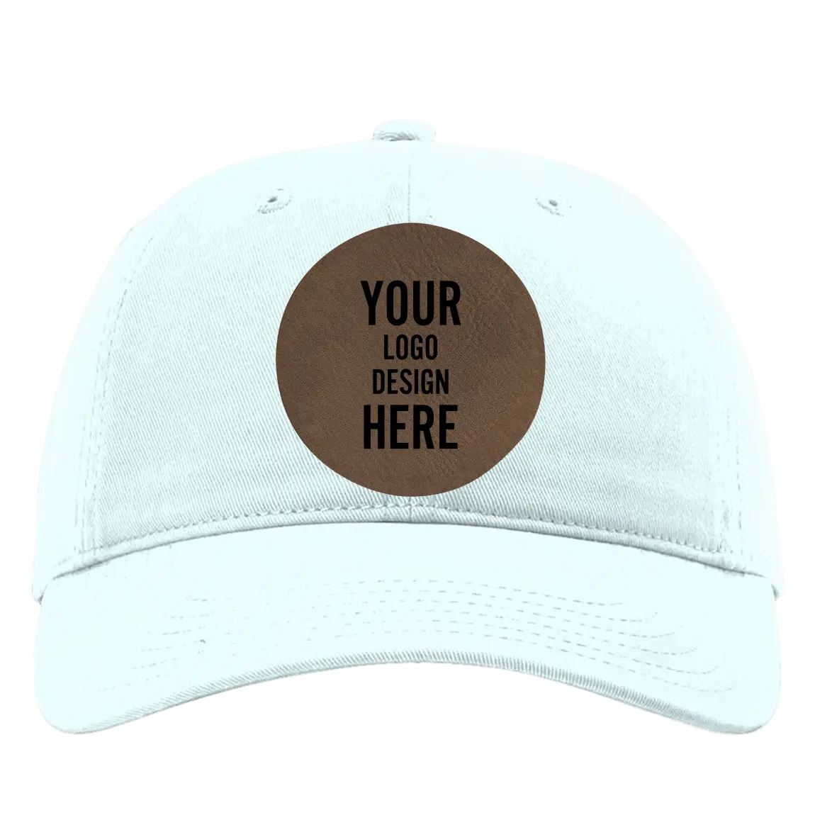 Custom powder blue Richardson 326 Cotton Twill Hat with laser etched circle leatherette patch