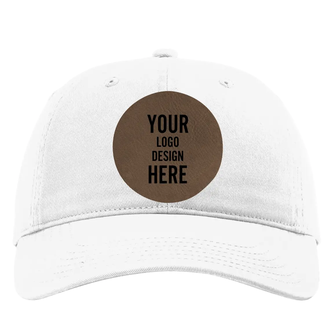 Custom white Richardson 326 Cotton Twill Hat with laser etched circle leatherette patch