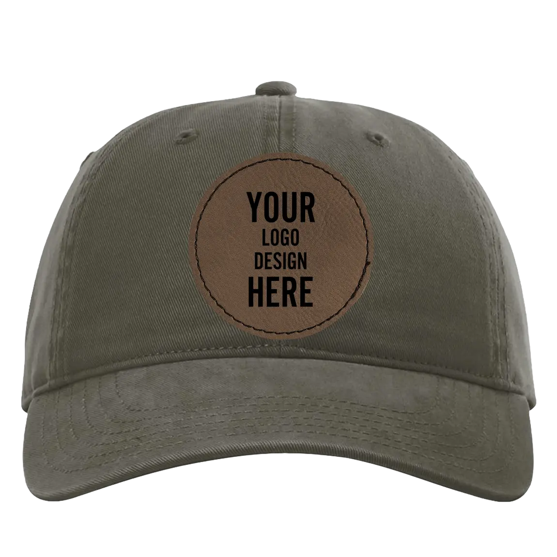 Custom army green Richardson 326 Cotton Twill Hat with laser etched circle stitch leatherette patch