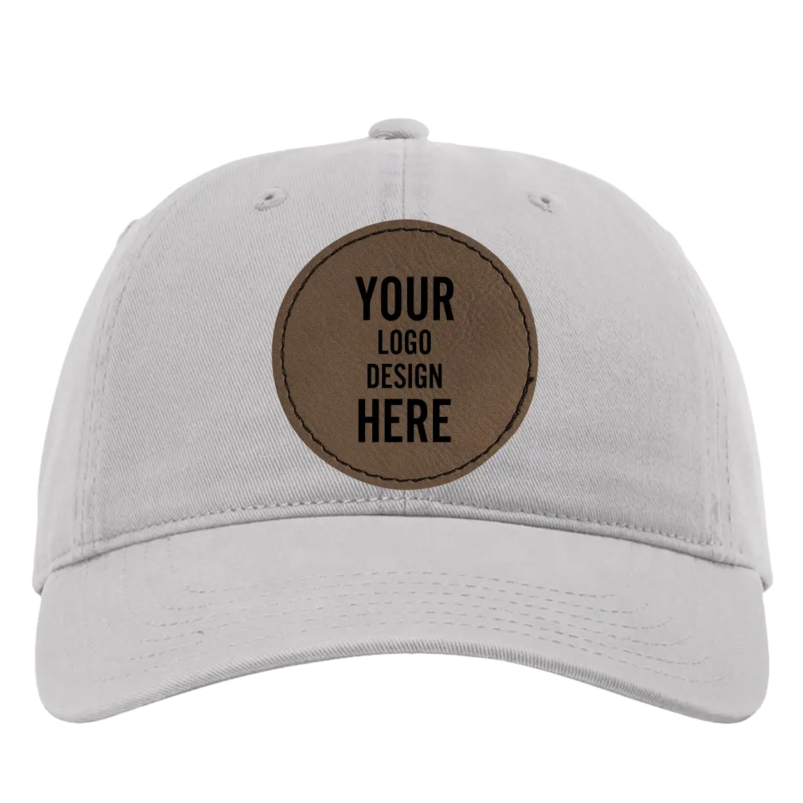 Custom grey Richardson 326 Cotton Twill Hat with laser etched circle stitch leatherette patch
