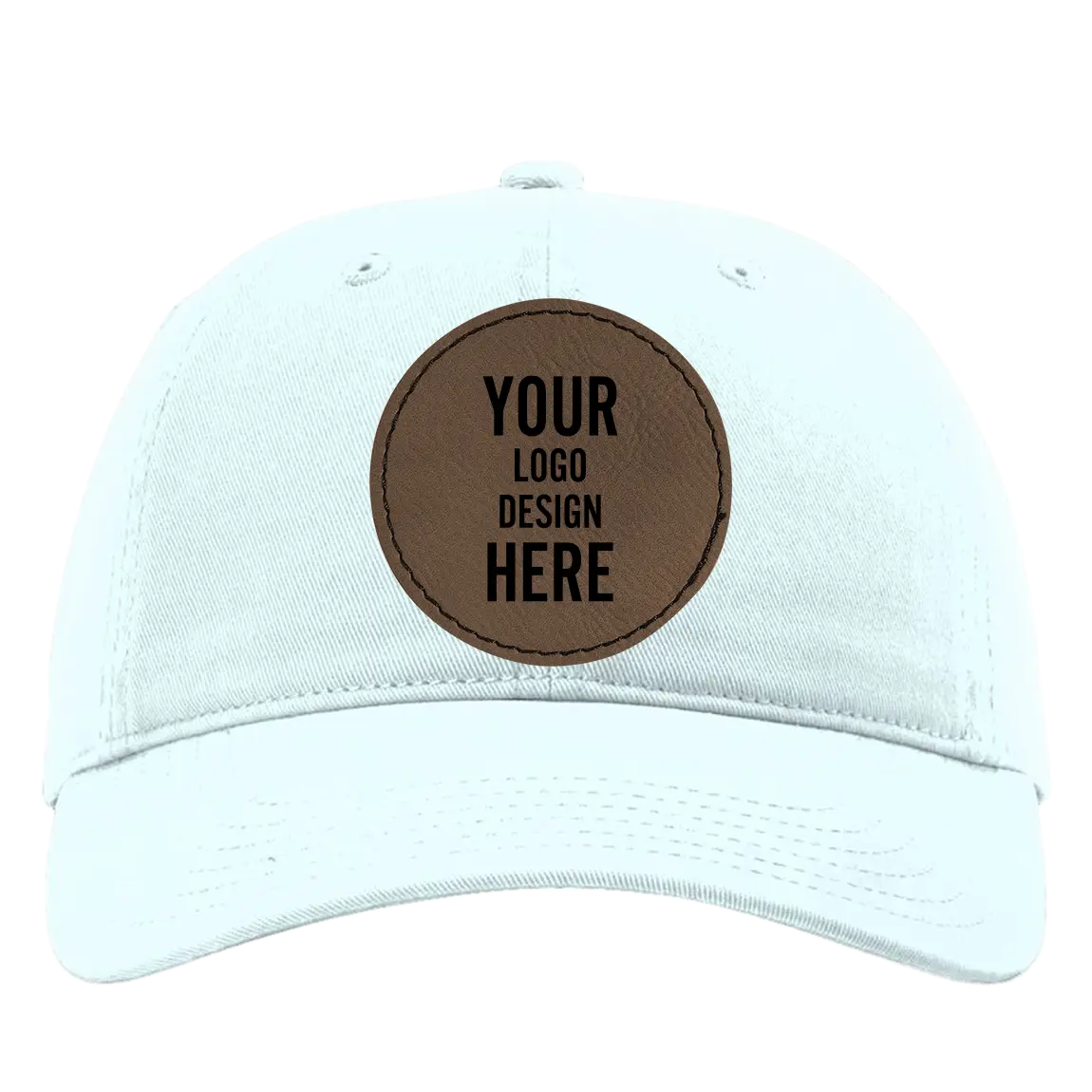 Custom powder blue Richardson 326 Cotton Twill Hat with laser etched circle stitch leatherette patch