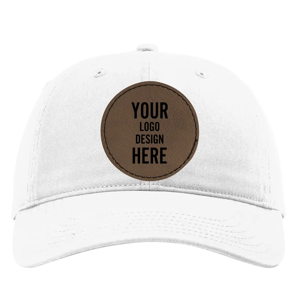 Custom white Richardson 326 Cotton Twill Hat with laser etched circle stitch leatherette patch