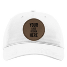 Custom white Richardson 326 Cotton Twill Hat with laser etched circle stitch leatherette patch