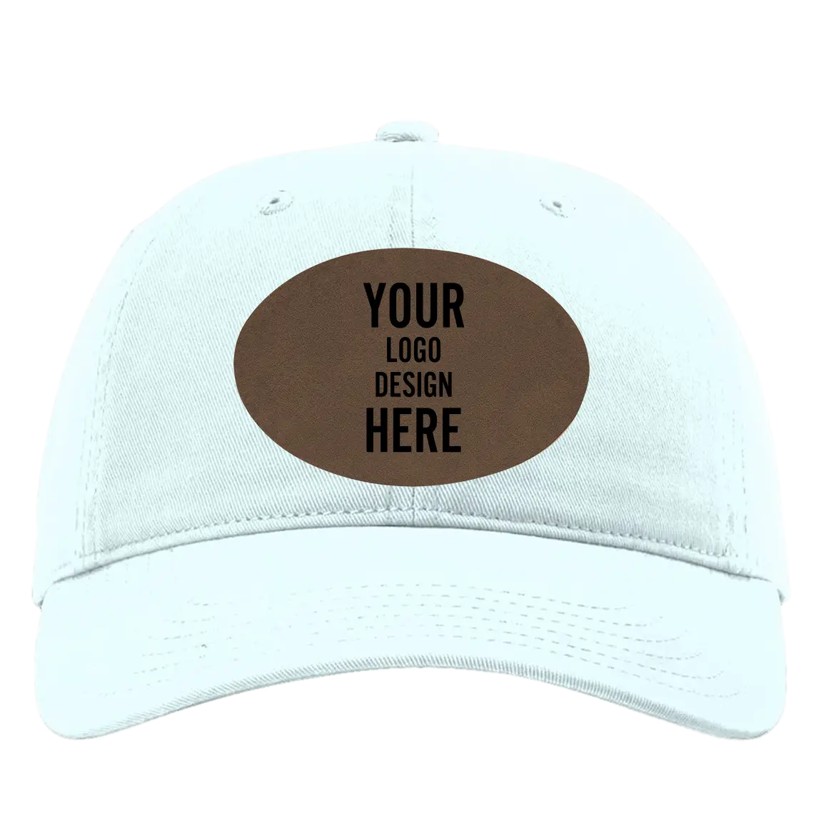 Custom powder blue Richardson 326 Cotton Twill Hat with laser etched oval leatherette patch