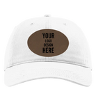 Custom white Richardson 326 Cotton Twill Hat with laser etched oval leatherette patch