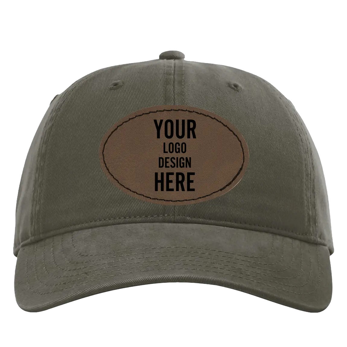 Custom army green Richardson 326 Cotton Twill Hat with laser etched oval stitch leatherette patch