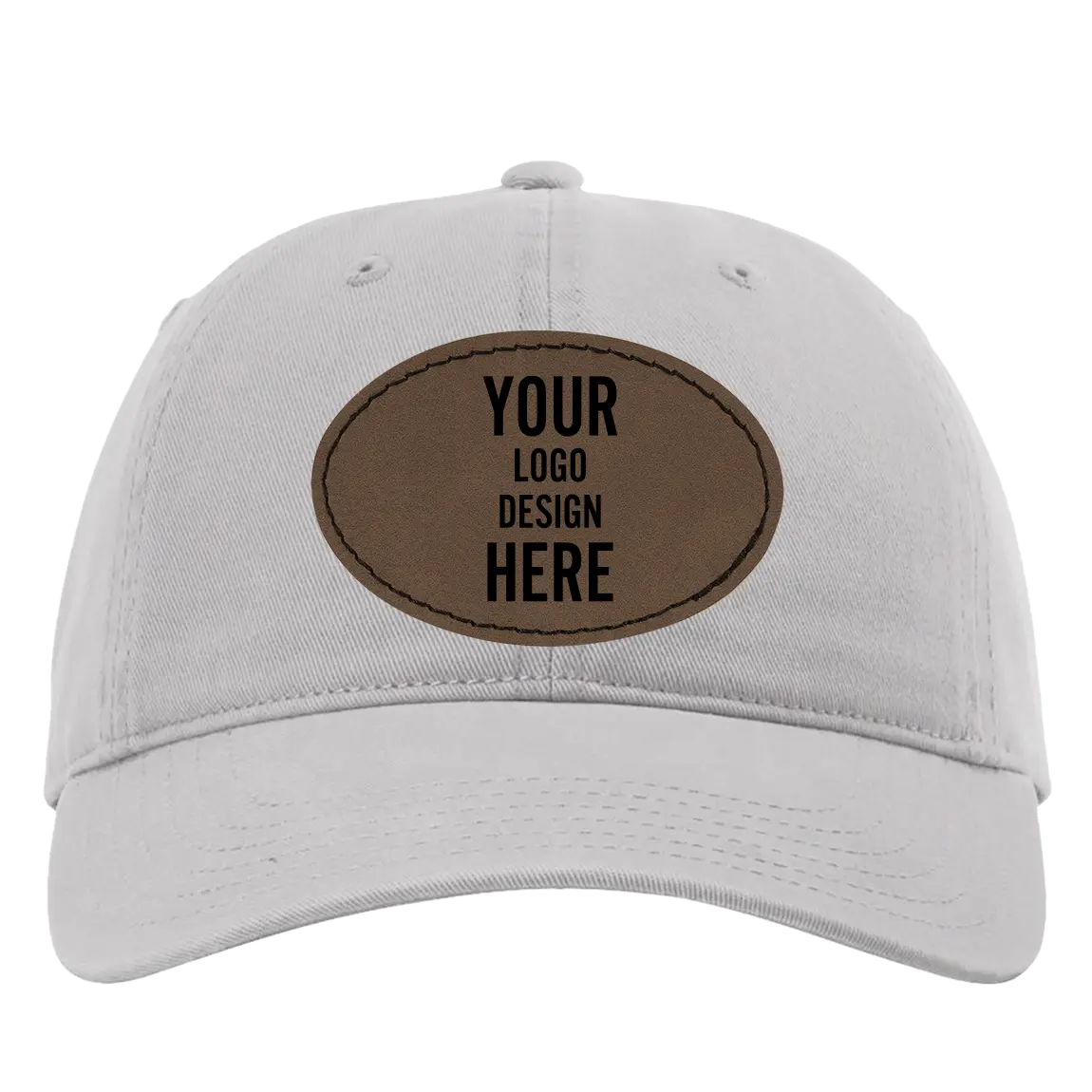 Custom grey Richardson 326 Cotton Twill Hat with laser etched oval stitch leatherette patch