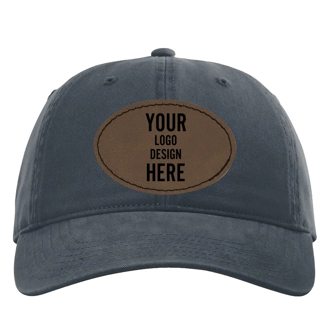 Custom navy Richardson 326 Cotton Twill Hat with laser etched oval stitch leatherette patch