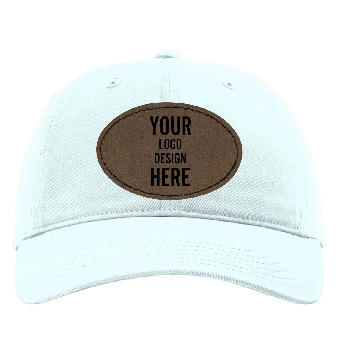 Custom powder blue Richardson 326 Cotton Twill Hat with laser etched oval stitch leatherette patch