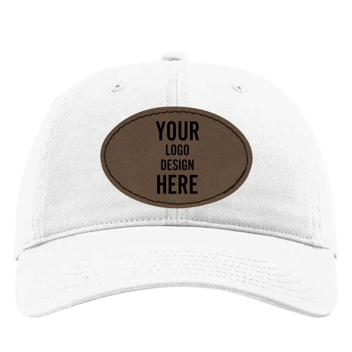 Custom white Richardson 326 Cotton Twill Hat with laser etched oval stitch leatherette patch