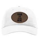 Custom white Richardson 326 Cotton Twill Hat with laser etched oval stitch leatherette patch