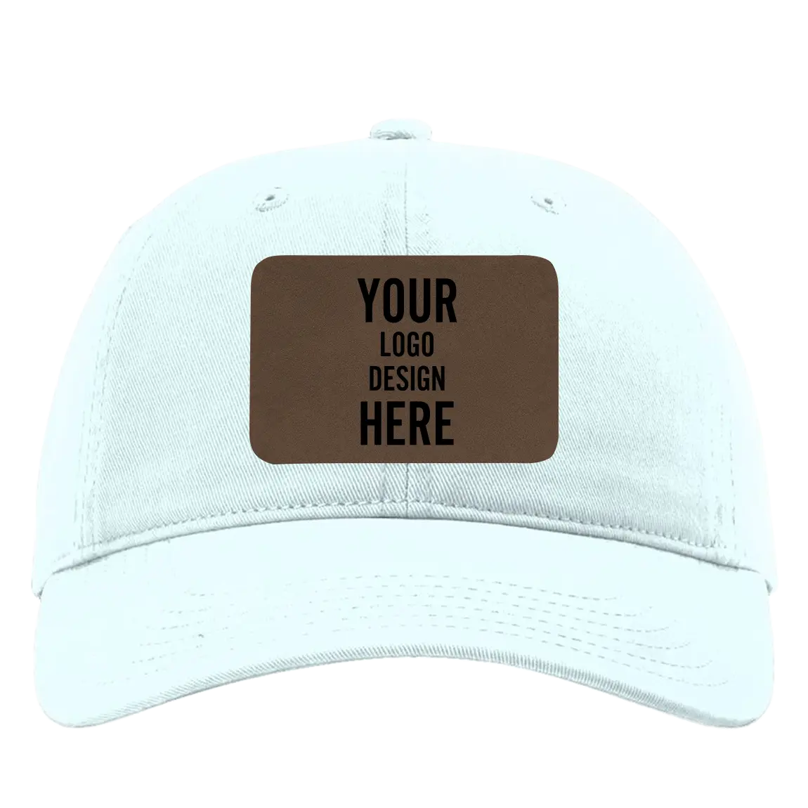 Custom powder blue Richardson 326 Cotton Twill Hat with laser etched rectangle leatherette patch