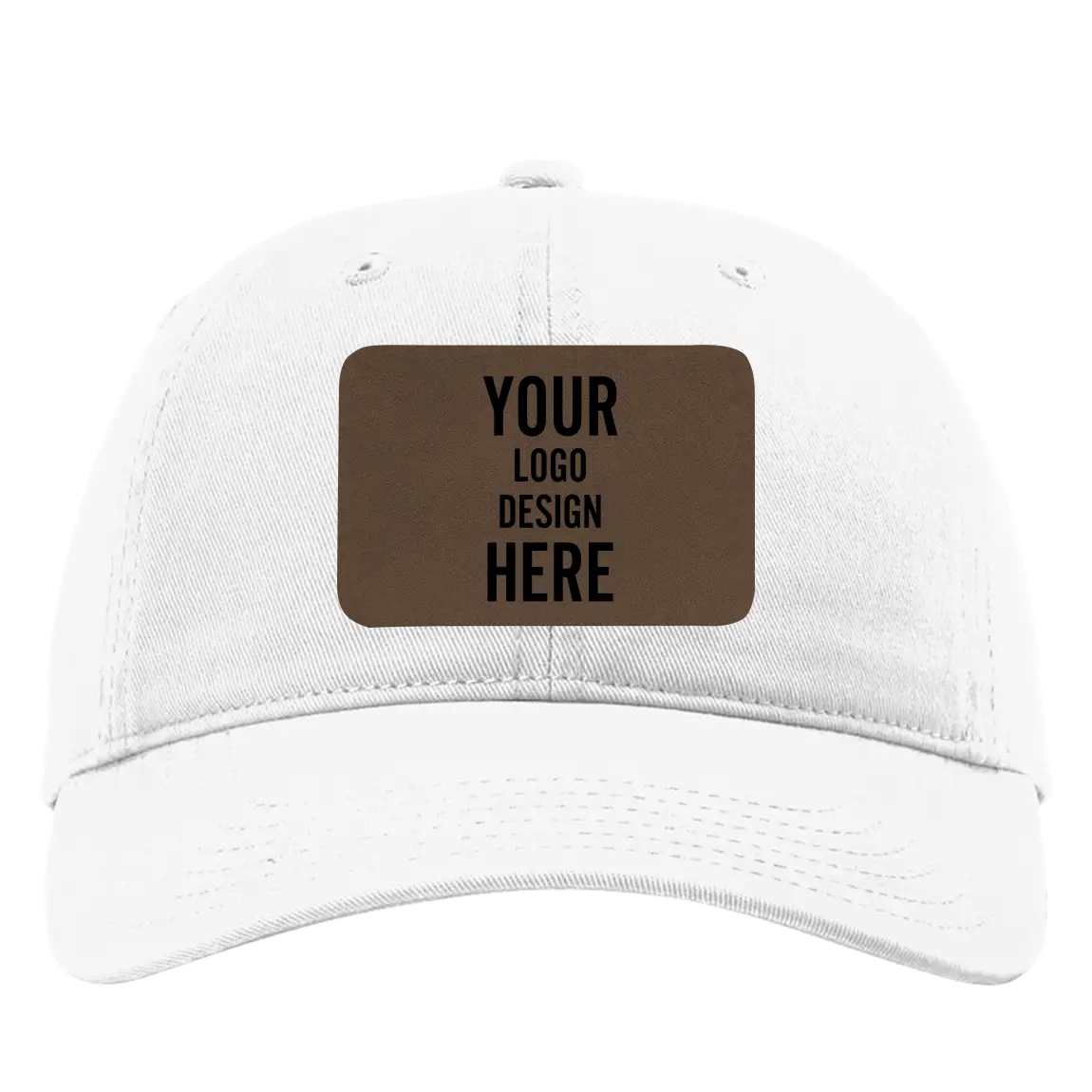 Custom white Richardson 326 Cotton Twill Hat with laser etched rectangle leatherette patch