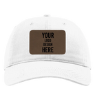 Custom white Richardson 326 Cotton Twill Hat with laser etched rectangle leatherette patch