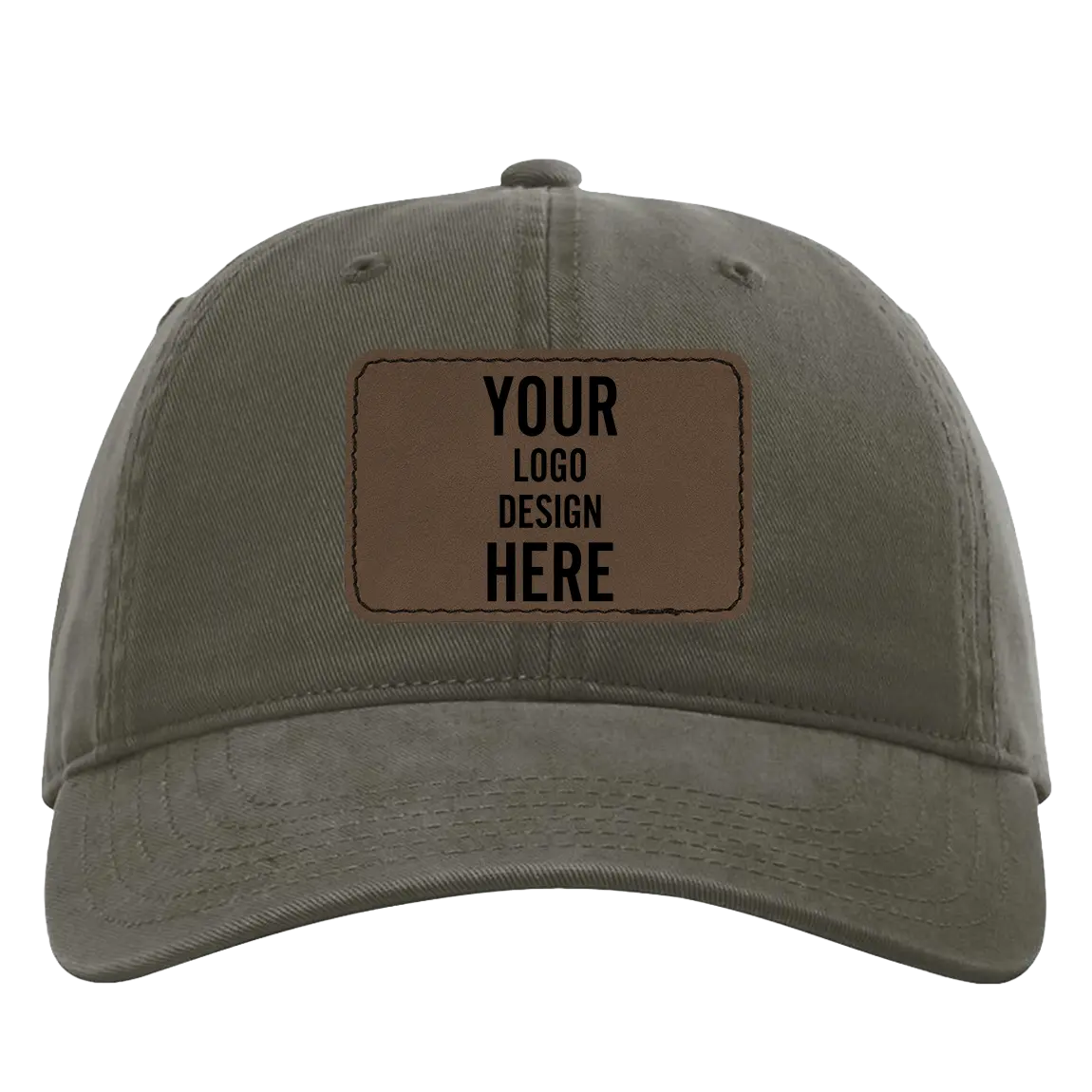 Custom army green Richardson 326 Cotton Twill Hat with laser etched rectangle stitch leatherette patch