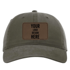 Custom army green Richardson 326 Cotton Twill Hat with laser etched rectangle stitch leatherette patch