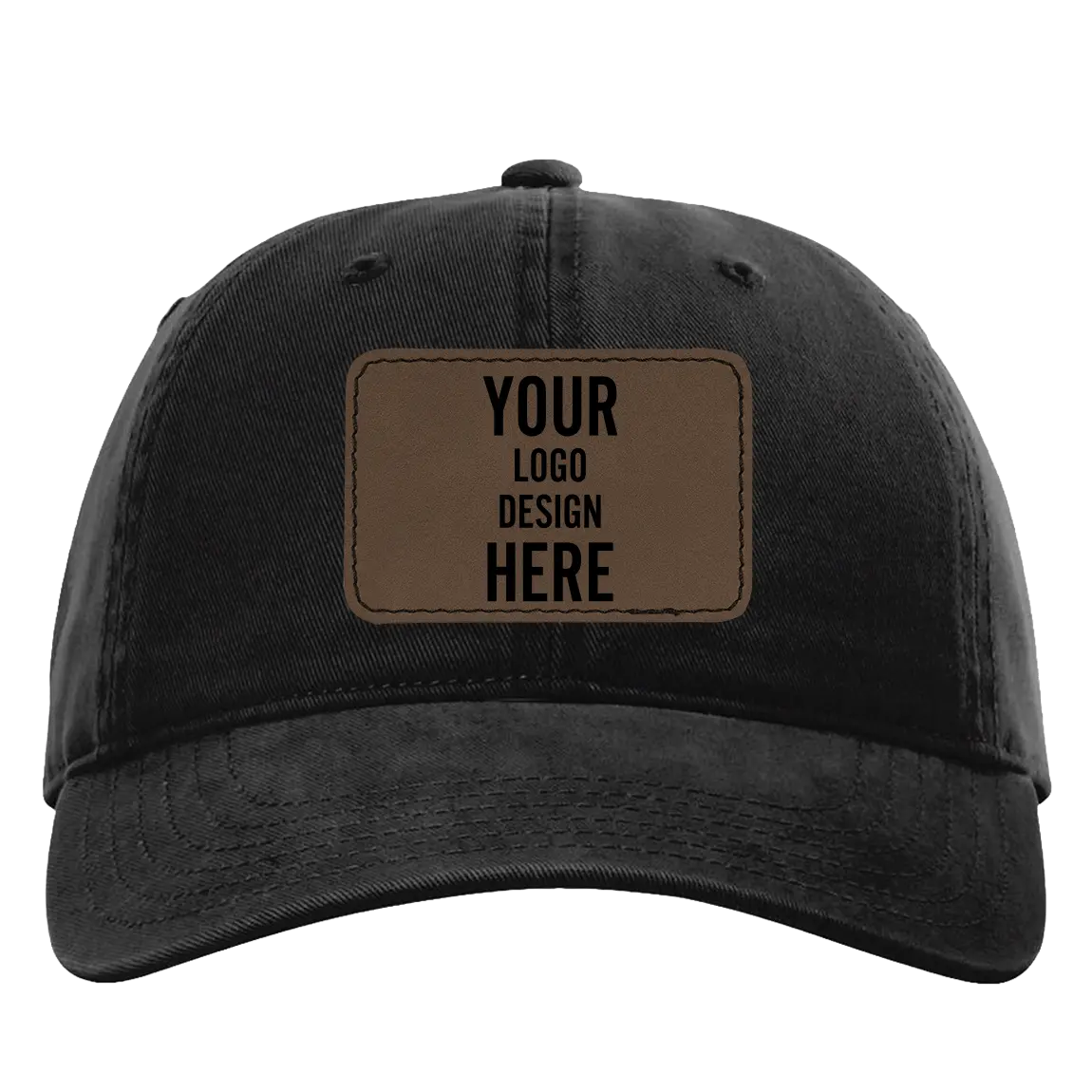 Custom black Richardson 326 Cotton Twill Hat with laser etched rectangle stitch leatherette patch