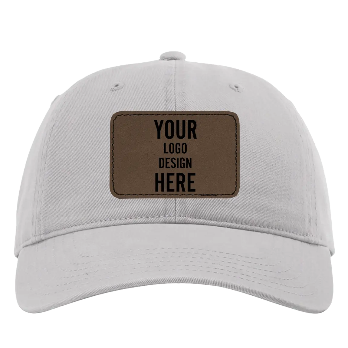 Custom grey Richardson 326 Cotton Twill Hat with laser etched rectangle stitch leatherette patch