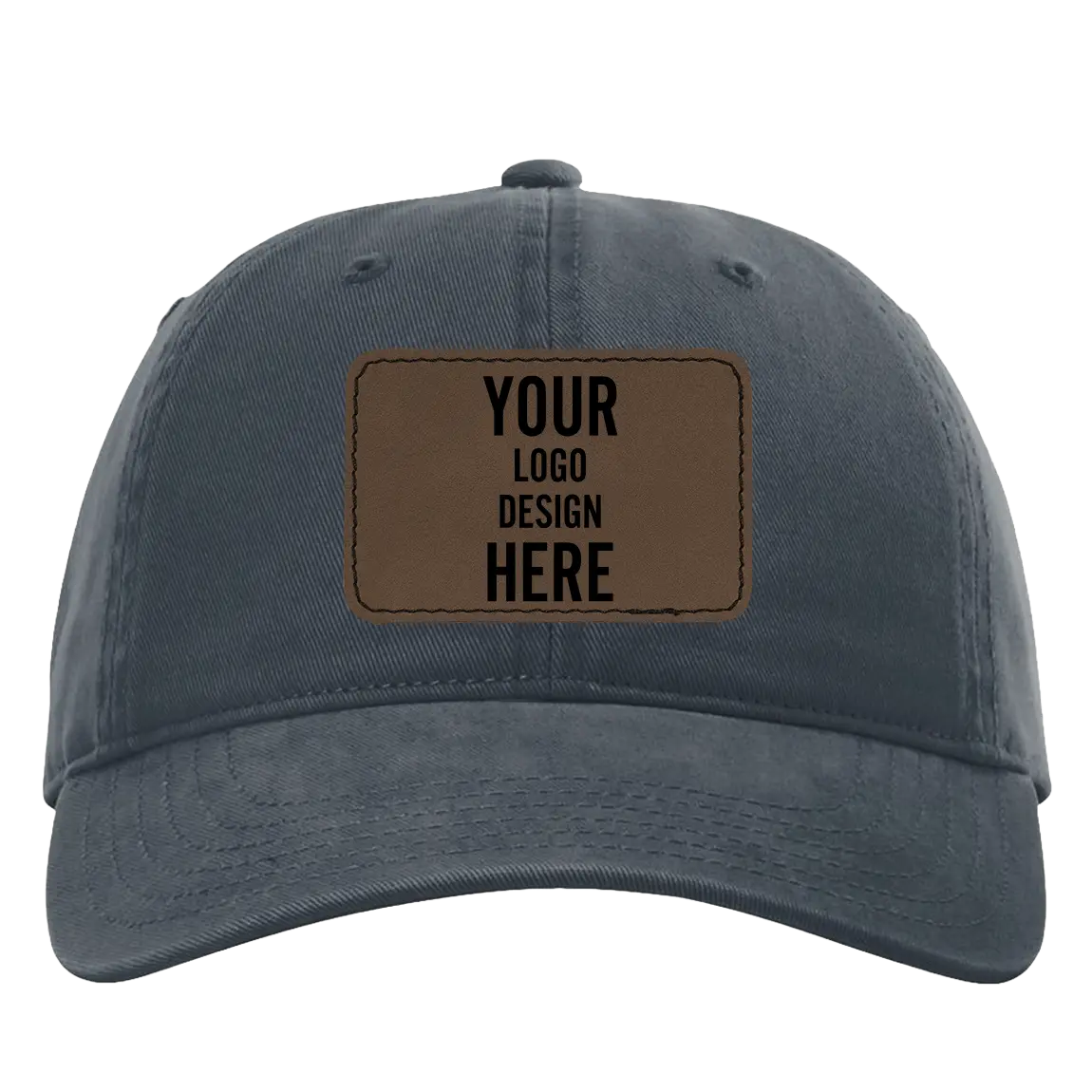 Custom navy Richardson 326 Cotton Twill Hat with laser etched rectangle stitch leatherette patch