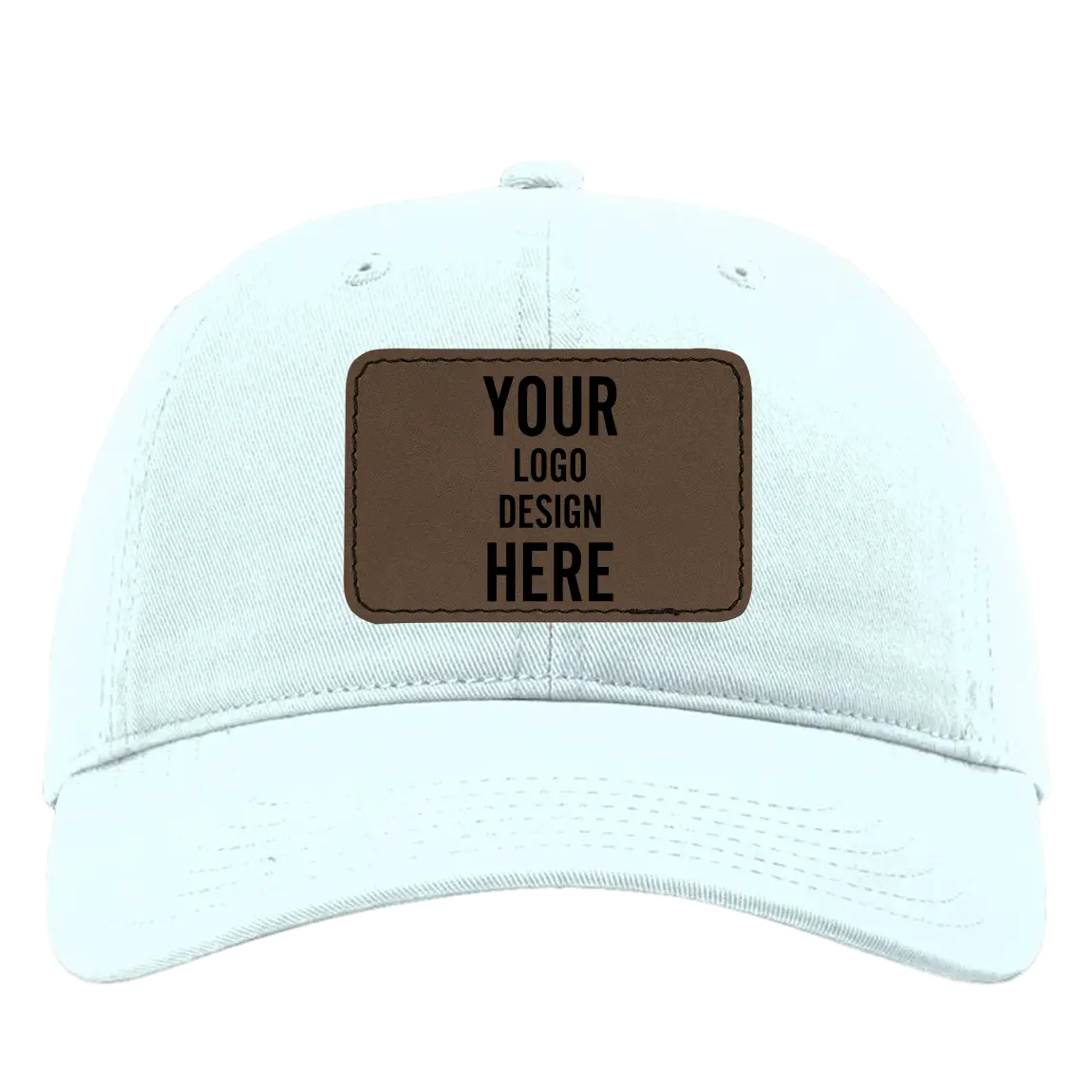 Custom powder blue Richardson 326 Cotton Twill Hat with laser etched rectangle stitch leatherette patch