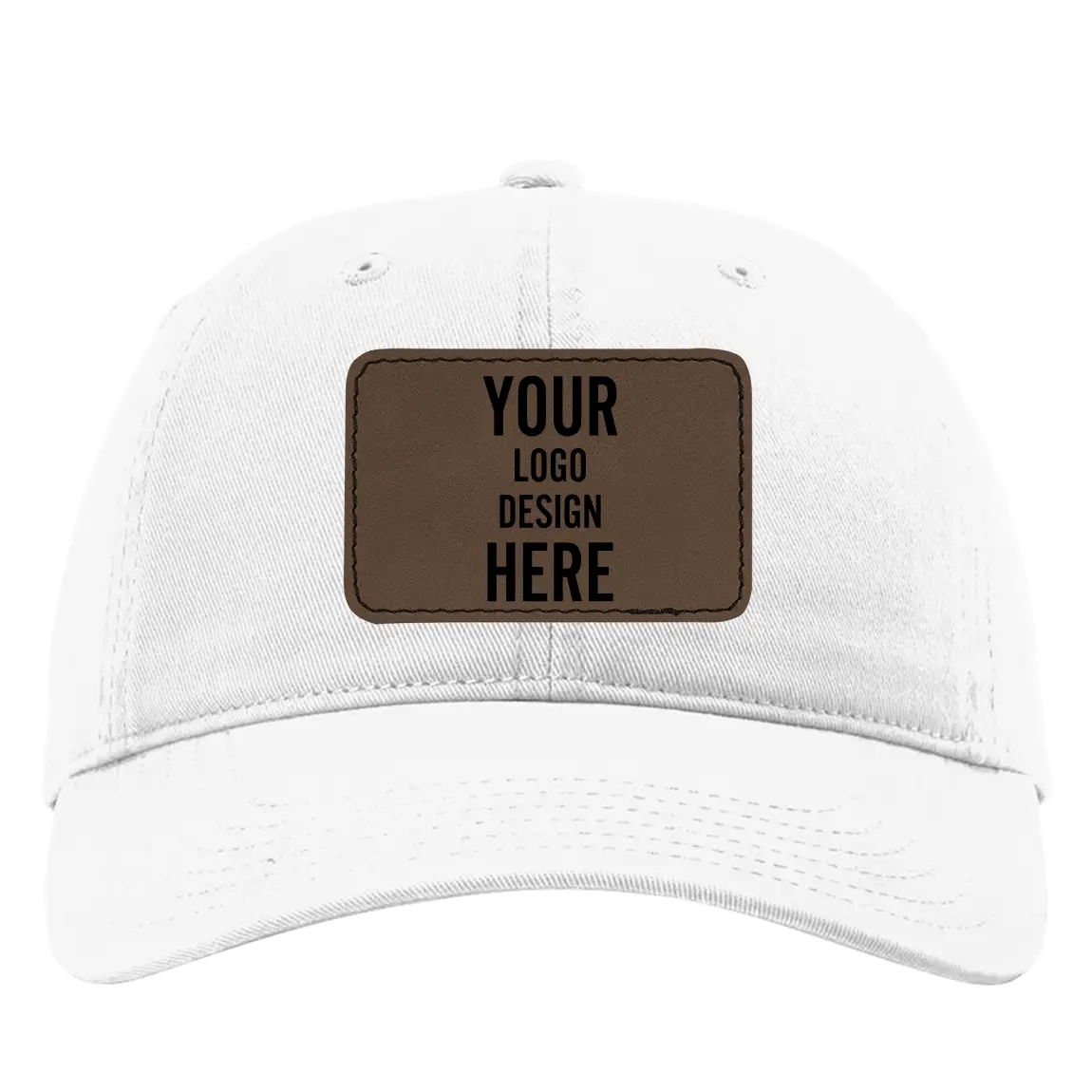 Custom white Richardson 326 Cotton Twill Hat with laser etched rectangle stitch leatherette patch