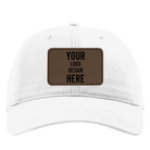 Custom white Richardson 326 Cotton Twill Hat with laser etched rectangle stitch leatherette patch