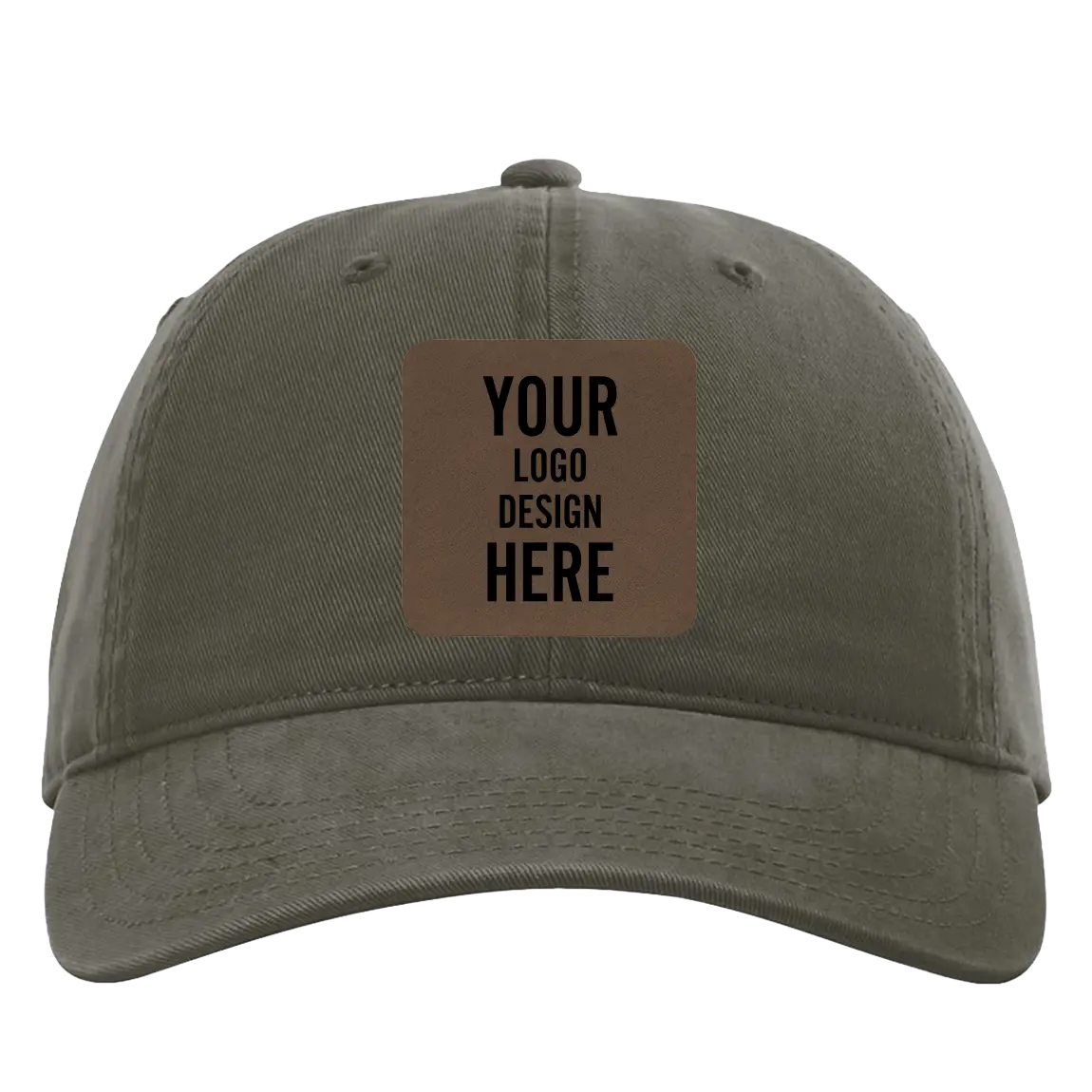 Custom army green Richardson 326 Cotton Twill Hat with laser etched square leatherette patch