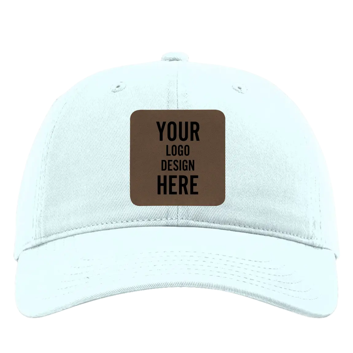Custom powder blue Richardson 326 Cotton Twill Hat with laser etched square leatherette patch