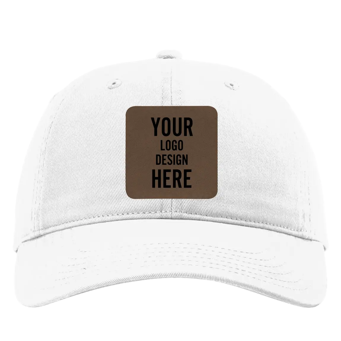 Custom white Richardson 326 Cotton Twill Hat with laser etched square leatherette patch