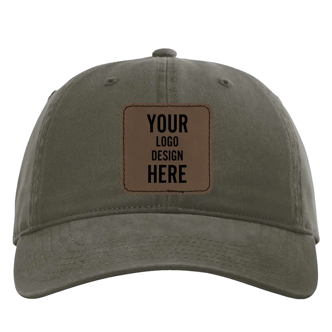 Custom army green Richardson 326 Cotton Twill Hat with laser etched square stitch leatherette patch
