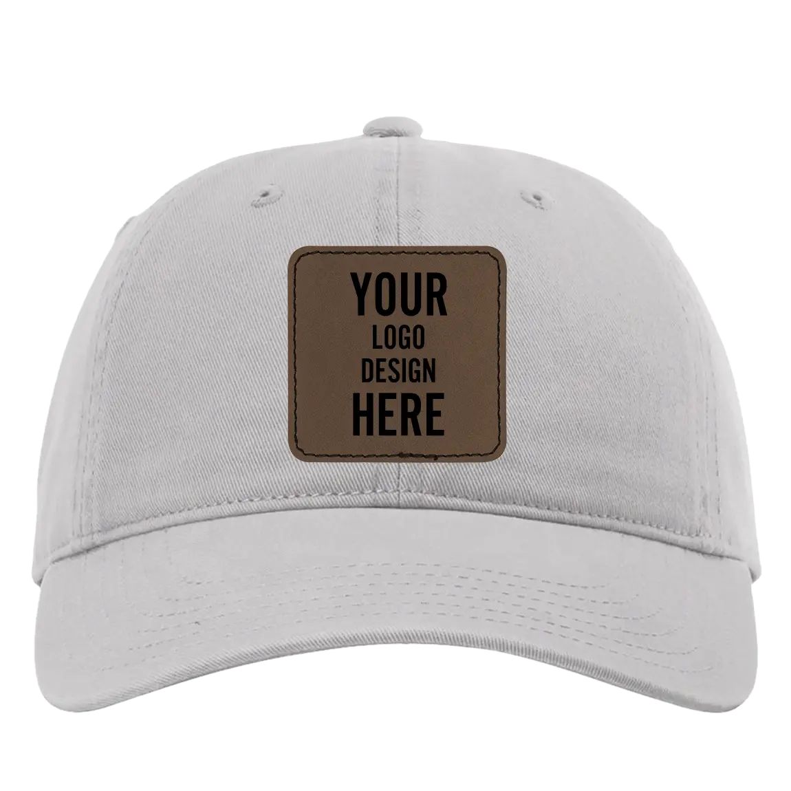 Custom grey Richardson 326 Cotton Twill Hat with laser etched square stitch leatherette patch