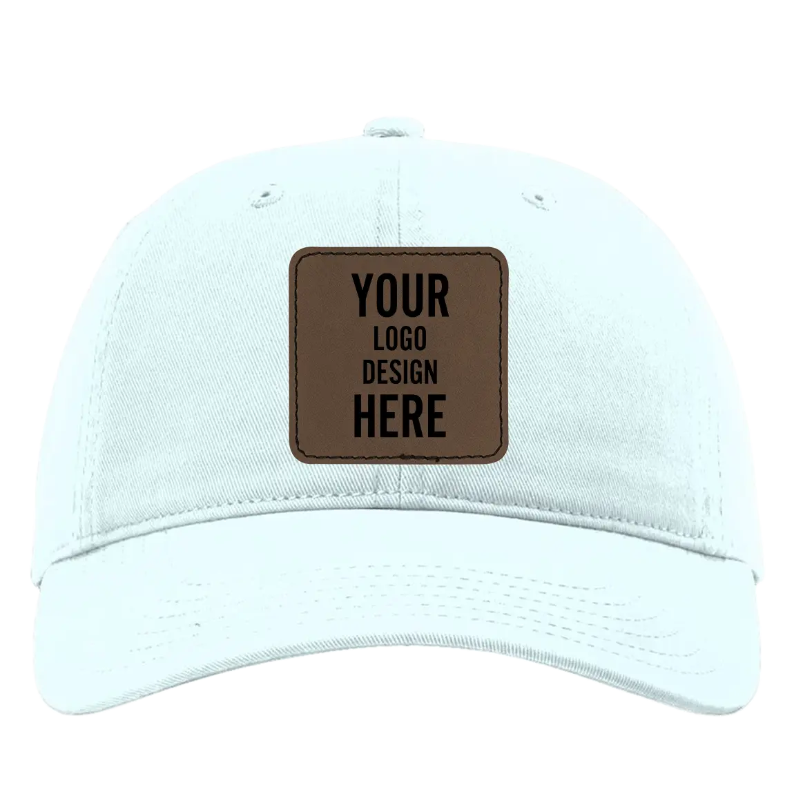 Custom powder blue Richardson 326 Cotton Twill Hat with laser etched square stitch leatherette patch