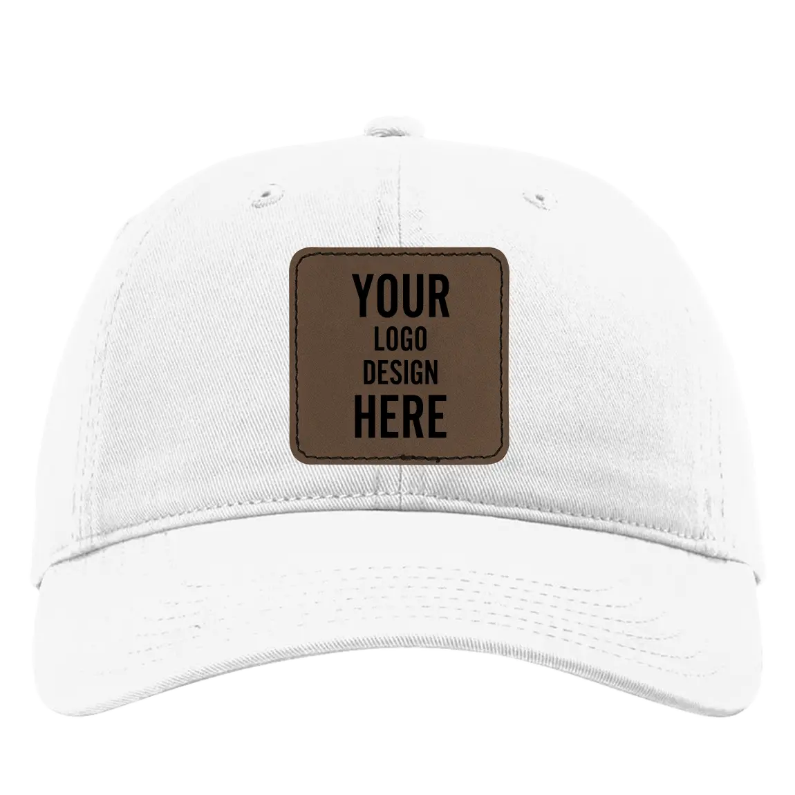 Custom white Richardson 326 Cotton Twill Hat with laser etched square stitch leatherette patch