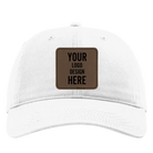 Custom white Richardson 326 Cotton Twill Hat with laser etched square stitch leatherette patch