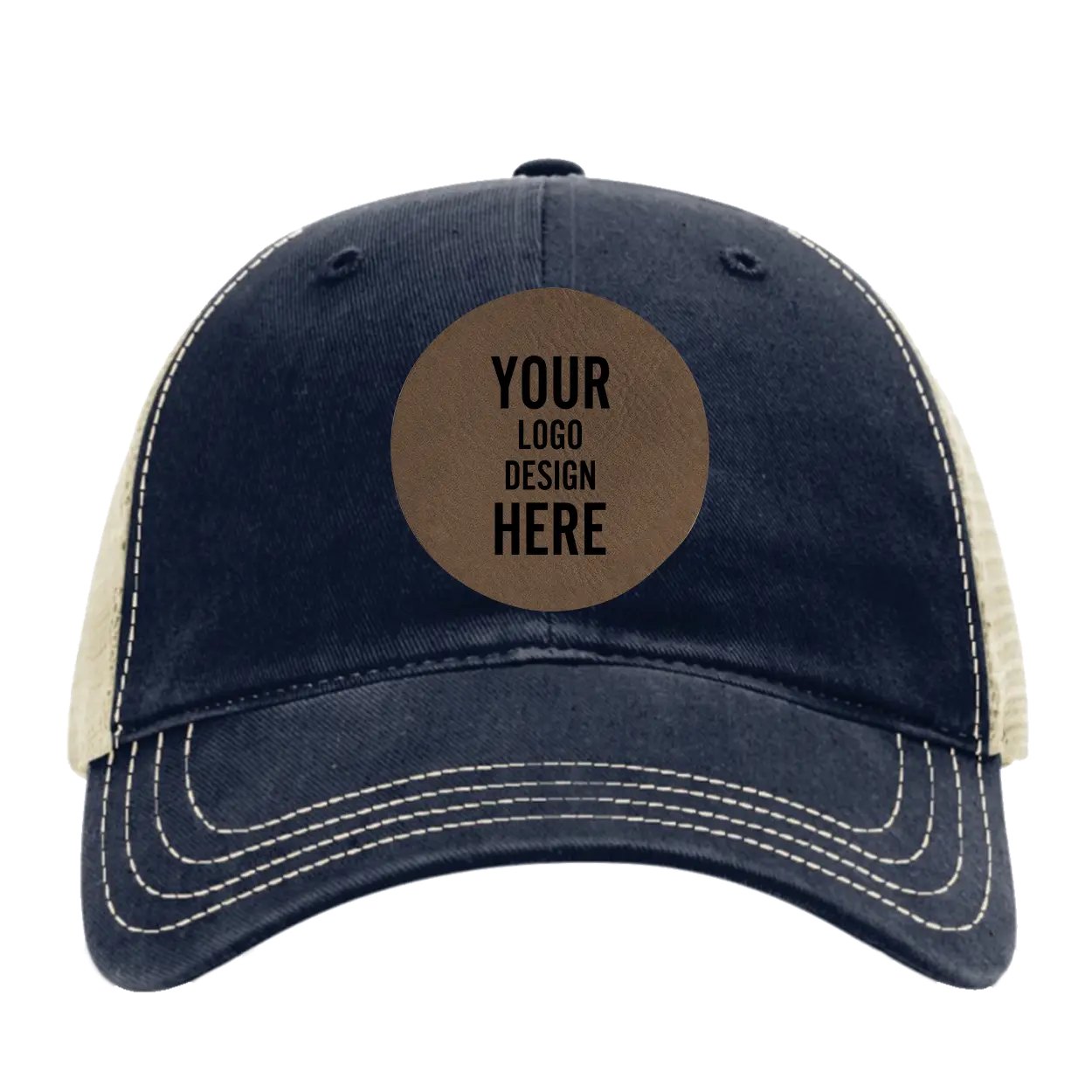 Custom navy khaki Richardson 111 Unstructured Trucker Hat with laser etched circle leatherette patch