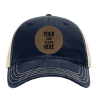 Custom navy khaki Richardson 111 Unstructured Trucker Hat with laser etched circle leatherette patch