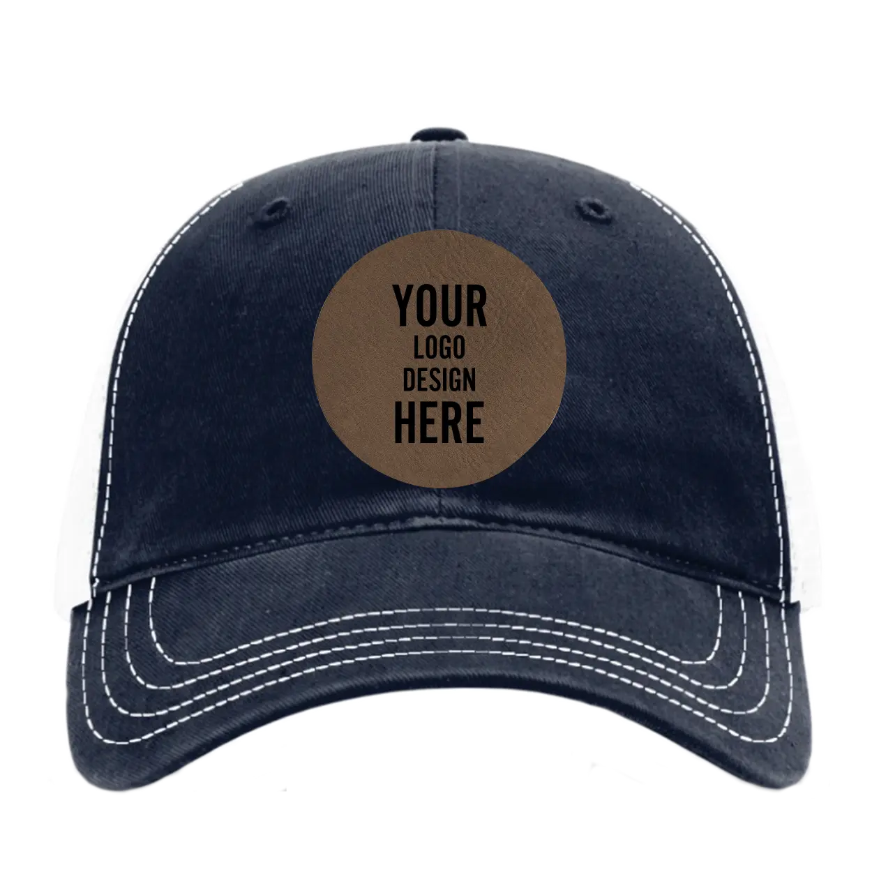 Custom navy white Richardson 111 Unstructured Trucker Hat with laser etched circle leatherette patch