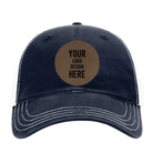 Custom navy white Richardson 111 Unstructured Trucker Hat with laser etched circle leatherette patch