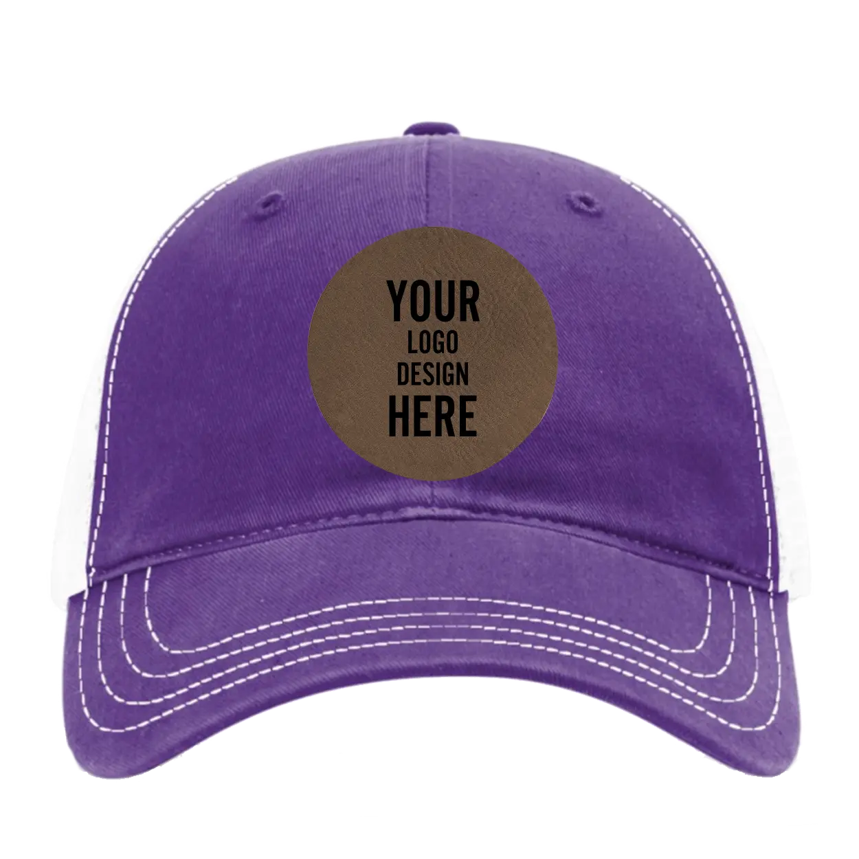 Custom purple Richardson 111 Unstructured Trucker Hat with laser etched circle leatherette patch