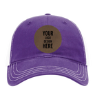 Custom purple Richardson 111 Unstructured Trucker Hat with laser etched circle leatherette patch